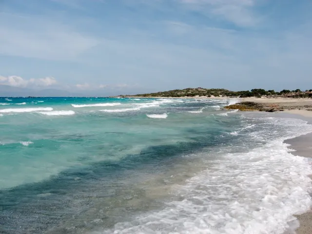 מים רדודים בגוון טורקיז וגלים על חוף חול לבן, ואי שטוח מכוסה שיחים