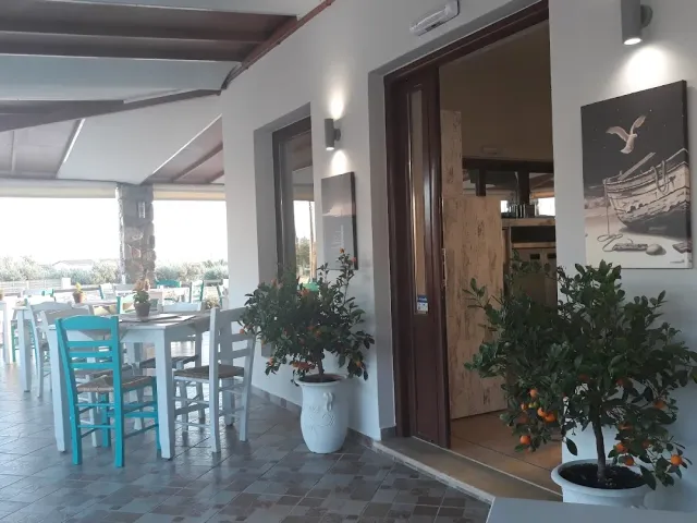 ורנדה מקורה עם כיסאות תכולים, עצי הדר בעציצים ותמונת סירה על הקיר