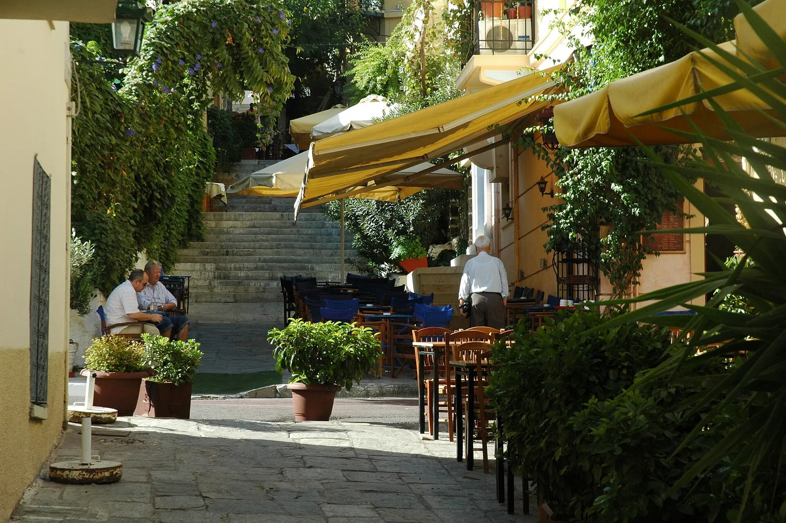 סמטה ירוקה עם טברנות ומדרגות בשכונת פלאקה באתונה שביוון באור יום